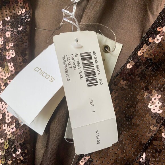 Chico's Shining Tuxe Sheron Jacket Timberglass Brown Sequin Blazer Size 1 New - Picture 3 of 6